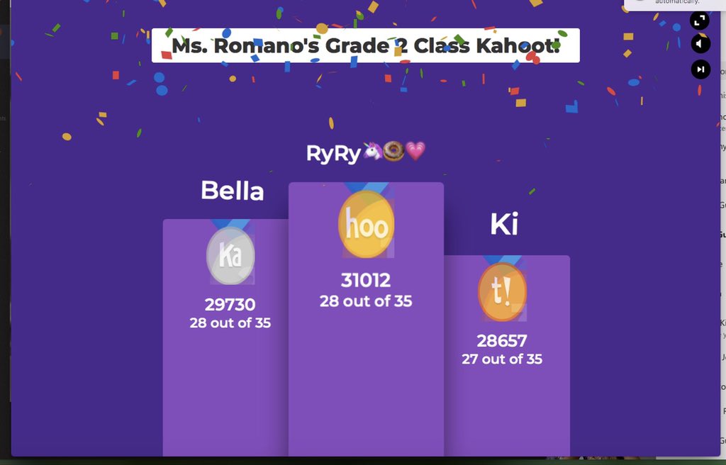 missromano26's tweet image. Lots of fun playing an end of the year @GetKahoot as part of our live meeting today! 😂🎉🥳 The theme was Ms. Romano’s Gr. 2 Class! The class did great!😉👌 thankfully they all got that last question right 😅🦄✨ @StTimothyHCDSB #SynchronousLearning