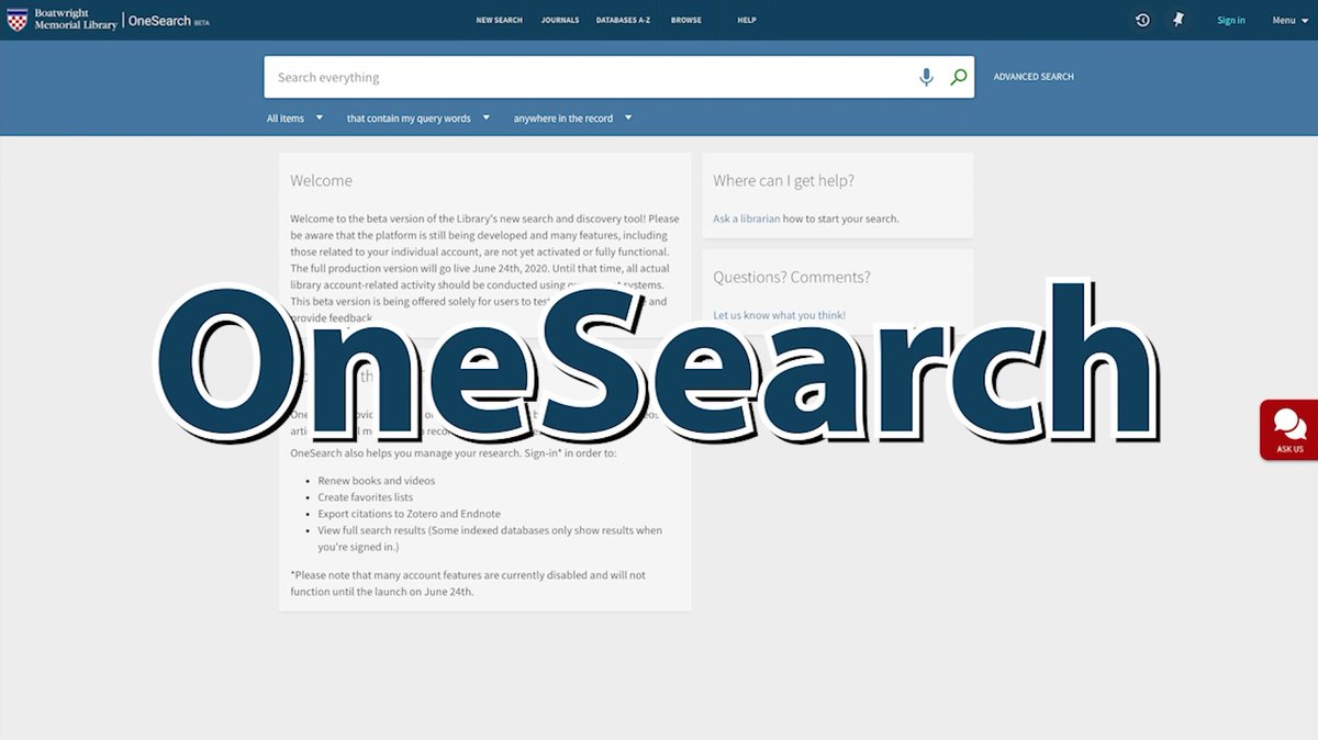BoatwrightInfo's tweet image. Have you heard? An upgrade to the library’s searching platform, OneSearch, launches on Wed., June 24! Watch the intro video ▶️ 
youtu.be/CERt4mu7LsM 🔍 📚 🎥 📄 ☁️