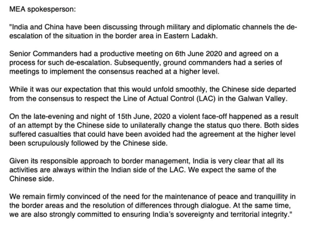 Ultimately, the MEA did give out an official statement in the evening.It was clear that the Chinese were unwilling to listen to reason.The MEA chose to lay the blame squarely on China.This was also the first official statement from India saying PLA too suffered casualties, btw