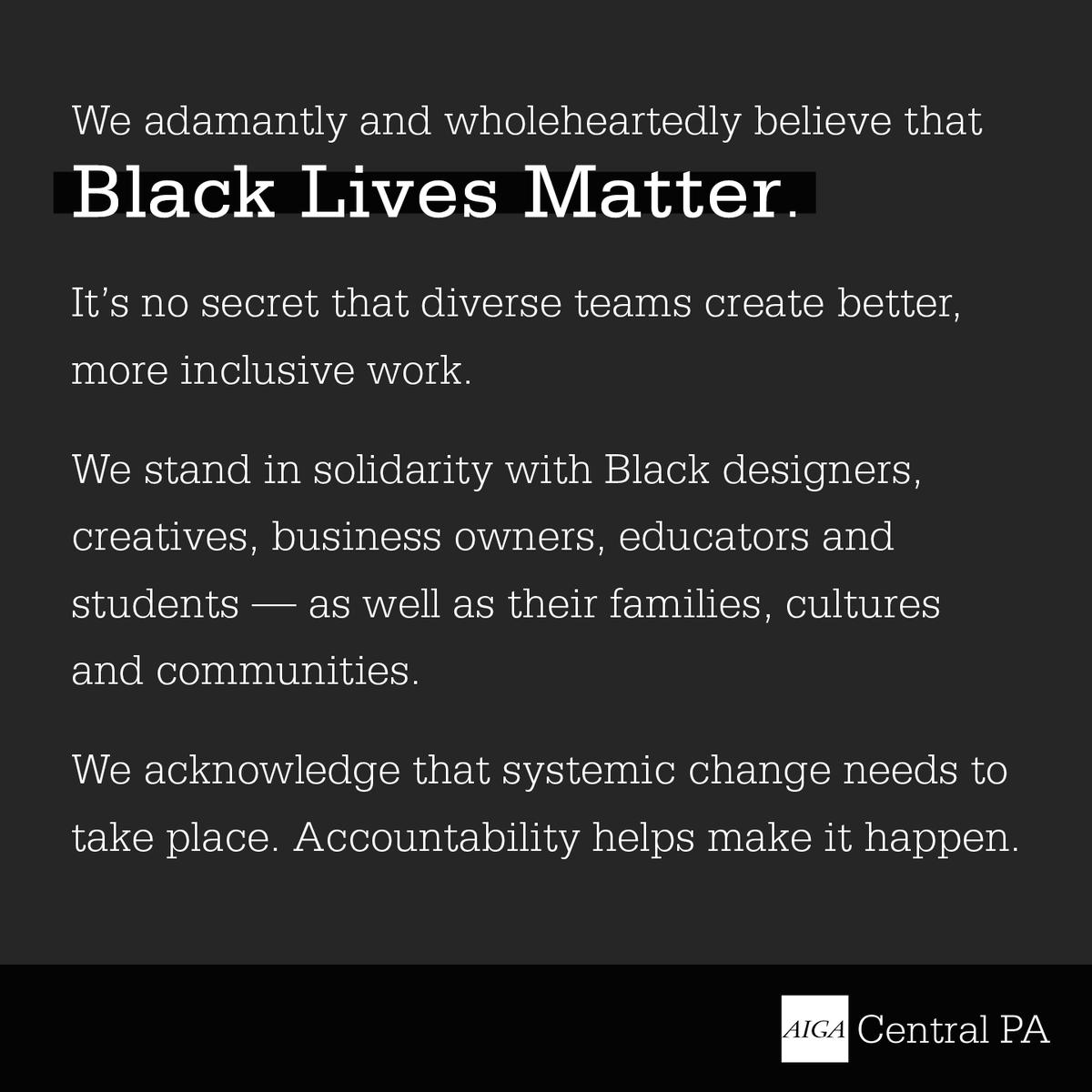 AIGACentralPA's tweet photo. We adamantly and wholeheartedly believe that Black Lives Matter. We acknowledge that systemic change needs to take place. Accountability helps make that happen.

Read our full letter here:  https://t.co/lb473CF5Jv https://t.co/rpiNJOxZAY