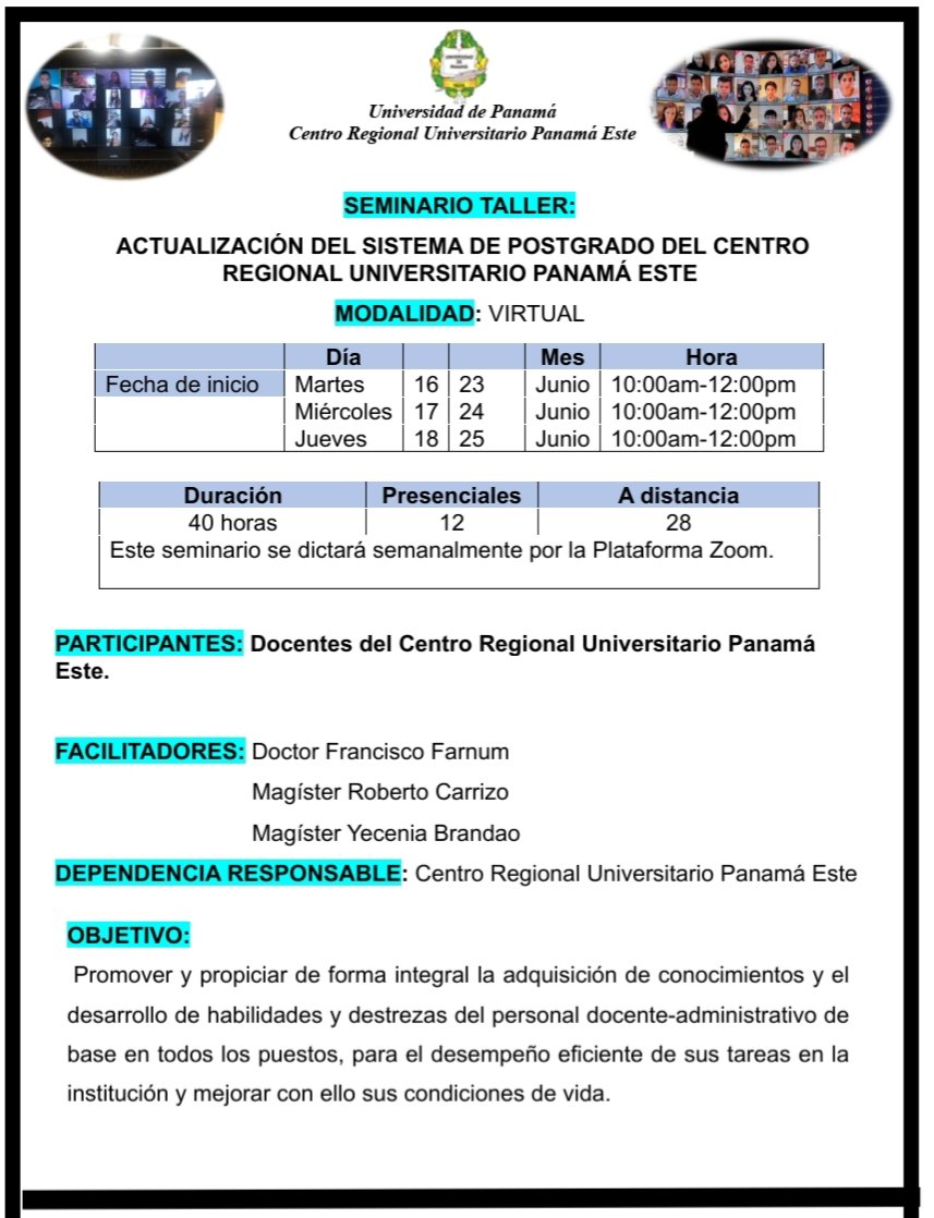 Seminario Taller Actualización del Sistema de Postgrado del Centro Regional Universitario Panamá Este. Con participación de Docentes del CRUPE. <a href="/semanario7/">Semanario La Universidad</a> <a href="/eflorescastro/">Eduardo Flores C.</a> <a href="/CBocasdeltoro/">cru_bocasdeltoro</a> <a href="/RusiaGonzalez/">Rusia González</a>