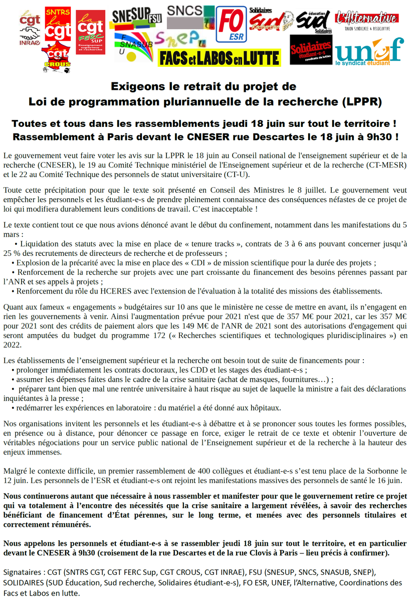 CgtFercSup's tweet photo. Demain RASSEMBLEMENT à 9h30, rue Descartes, tous et toutes pour le RETRAIT de la LPPR ! #CNESER #StopLPPR https://t.co/V61qrzVhB1