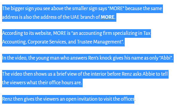 Answer is simple- visit the actual offices in Dubai. Wait, it's registered to an accounting firm called MORE*Enter Mr. Renz* Renz is a high ranking Crowd1 guy who invites anyone to come visit. He's probably tired of DMs from big booty huns since he's a ghost (no social media)