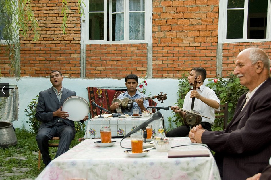 We got mugham - a traditional musical form, characterized by a large degree of improvisation.It features a singer accompanied by musicians playing instruments, such as the tar (a long-neck lute), the kamancha (a four-string spiked fiddle) & the daf (a type of large tambourine).