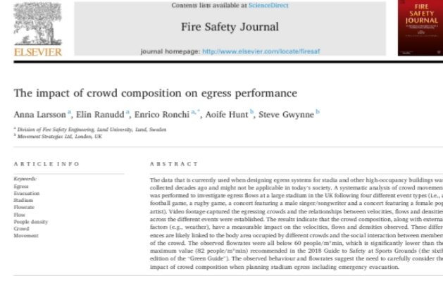 Same stadium, different events, different crowds. How does the crowd egress change? Check out the paper in #FireSafety Journal from the collaboration between <a href="/movementstrat/">Movement Strategies (a GHD Company)</a> and <a href="/lunduniversity/">Lund University</a> doi.org/10.1016/j.fire…