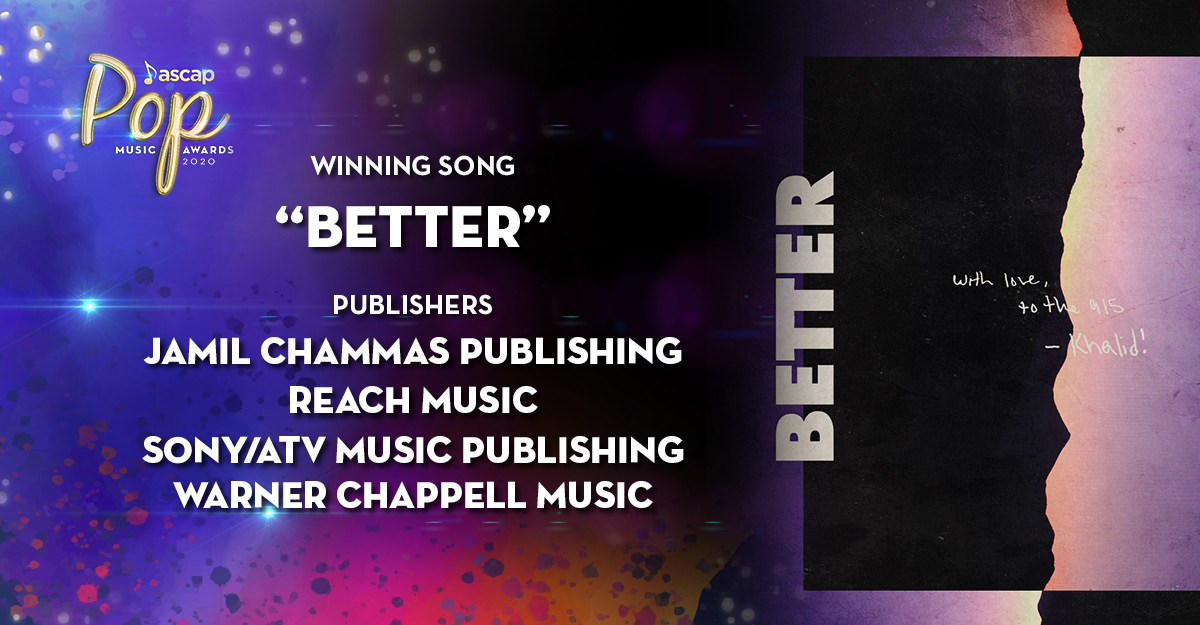 ASCAP's tweet photo. And cheers to our publishers @shortfordigital, @reachmusic, @SonyATVMusicPub &amp; @WarnerChappell #Better #ASCAPAwards #ASCAPPop https://t.co/3Q7XiUUkES