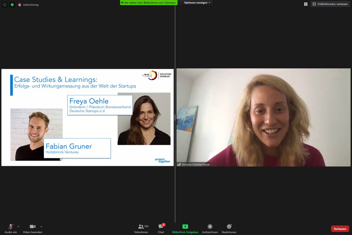 Super Insights from <a href="/HVVentures/">Whimsy World</a> Fabian Gruner and @FreyaOehle from #BundesverbandDeutscherStartups: Key Takeaway 💡: Founders work on your #KPI s and make sure to document them from scratch. Hosted by <a href="/PT_Deutschland/">ProjectTogether</a> <a href="/vanessa_gst/">VanessaGstettenbauer</a> #WirvsVirus