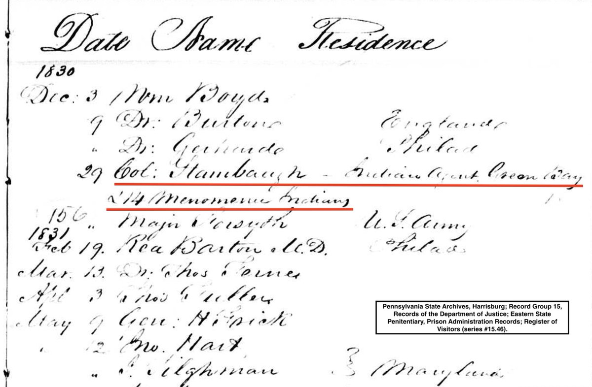 7/13 A few groups of Native Americans visited ESP in its early days. In 1830, the prison recorded a visit from “Col. [Samuel] Stambaugh, Indian Agent, Green Bay [Wisconsin] & 14 Menominee Indians.” Black Hawk, a famous Sauk leader, visited ESP in 1833.  #HiddenESP