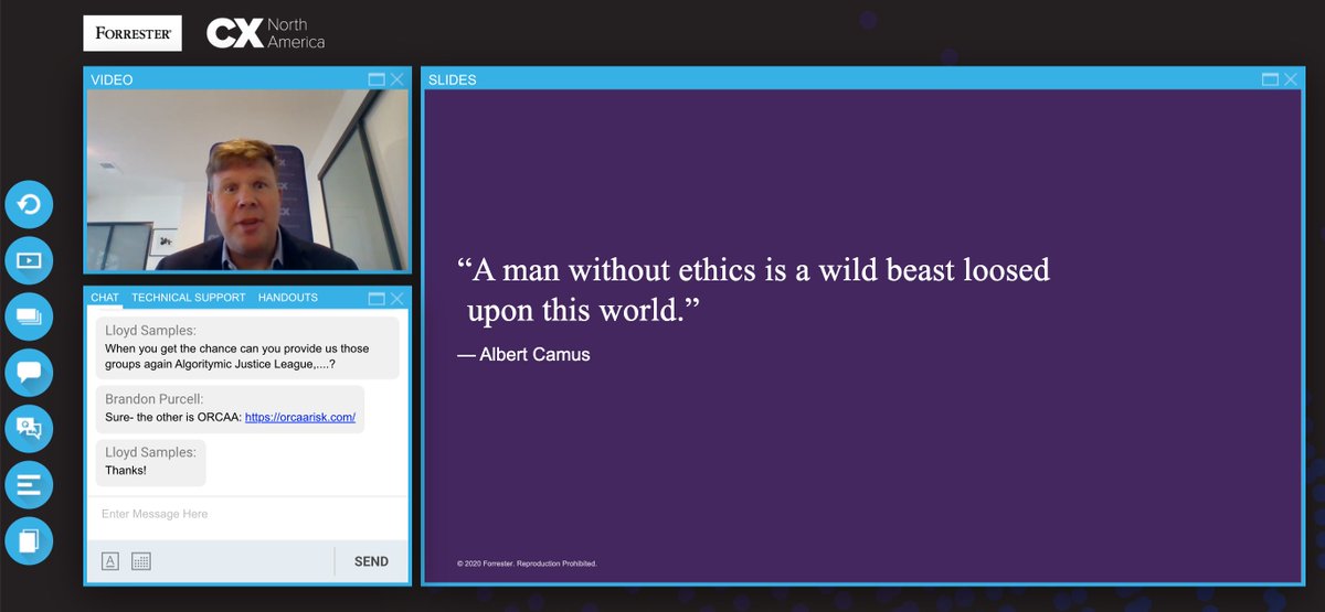 Forrester analyst Brandon Purcell just led a fascinating session on ethical AI at #ForrCX: "We are about to loose AI on this world on a scale that is unimaginable. I hope we do so in an ethical way for our children and our future."