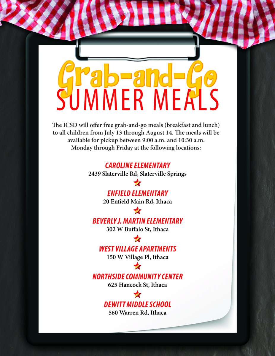 From July 13 - August 14, the ICSD will offer free grab-and-go meals (breakfast and lunch) to all children. The meals will be available for pickup from 9-10:30am Monday-Friday at these locations: Caroline, Enfield, BJM, DeWitt, West Village Apts, and Northside Community Center.