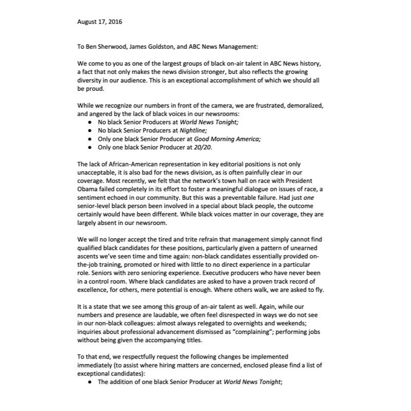 25. NEWS: I’ve obtained the memo that black journalists sent to ABC execs in 2016 to demand more diversity and inclusion at the networkI mention in my story that the memo was derogatorily referred to as the “Black Manifesto” by top ABC News executives.  https://bit.ly/2zxBjqA&nbsp;