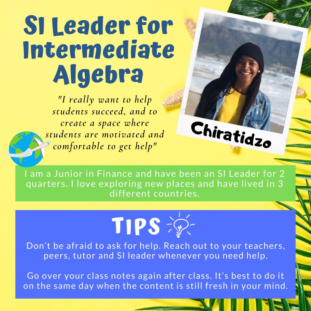 DePaulFYAS's tweet image. The FYAS SI Leaders are excited to work with you this summer! Check out their profiles below and join them today for Drop-In Tutoring from 12-2pm and they will be ready to answer your math questions! Zoom link located in your D2L course page. #DePaulFYAS