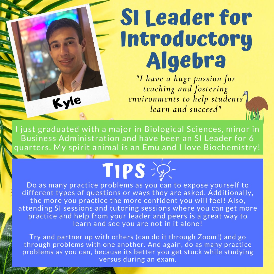 DePaulFYAS's tweet image. The FYAS SI Leaders are excited to work with you this summer! Check out their profiles below and join them today for Drop-In Tutoring from 12-2pm and they will be ready to answer your math questions! Zoom link located in your D2L course page. #DePaulFYAS