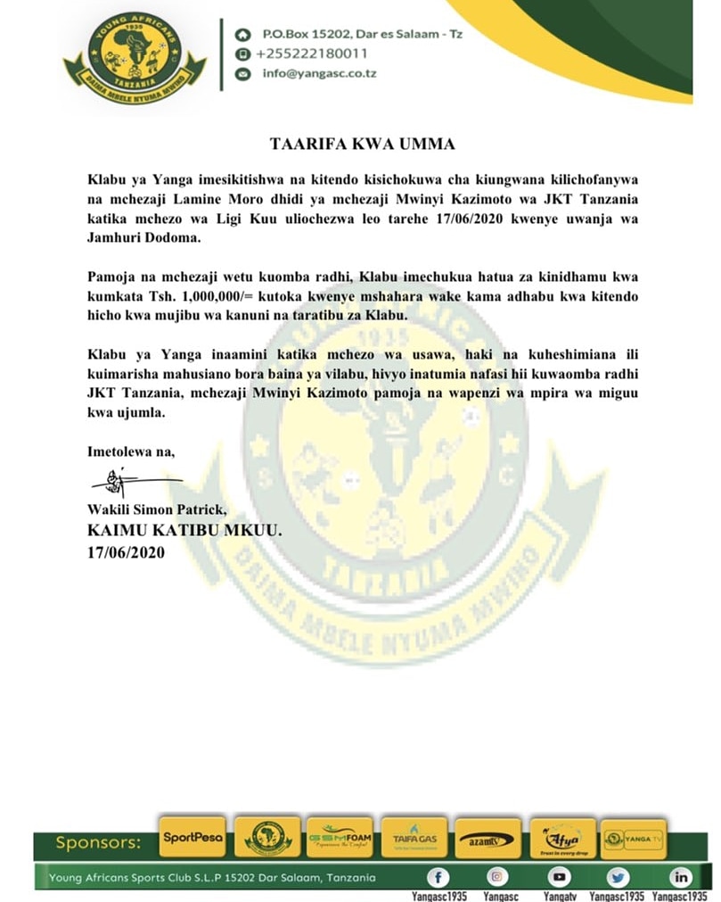 🇹🇿 Yanga SC have fined 🇬🇭 #Lamineoro Tsh 1000000 over unsportmanship behaviour during their #VPL match today at the Jamhuri Stadium in Dodoma.

The 26-year-old was red carded for kicking #MwinyiKazimoto on the back as tempers escalated in the match against JKT 

 #JKTYanga #yanga