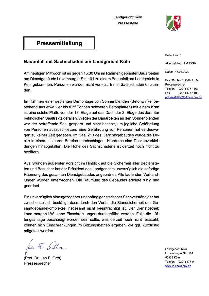 Pressemitteilung zum heutigen Bauunfall am Landgericht Köln. Keine Verletzten! Nur Sachschaden. Dienstbetrieb morgen ohne Einschränkungen. Sitzungsbetrieb voraussichtlich ohne größere Einschränkungen möglich.