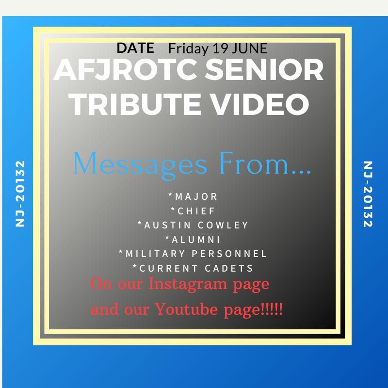 Get excited for a senior tribute video coming out this Friday! Hear messages from alumni, military personnel, our own cadets, and more. #afjrotc #seniortribute