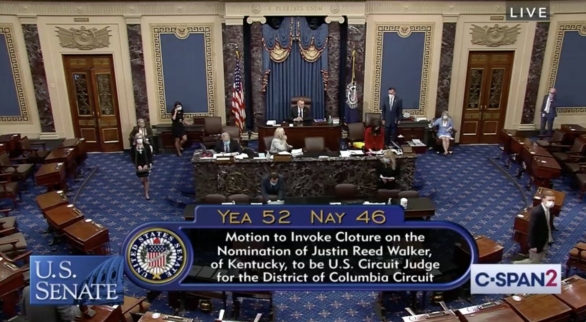 Screenshot of C-SPAN screen with vote total: 52-46.
