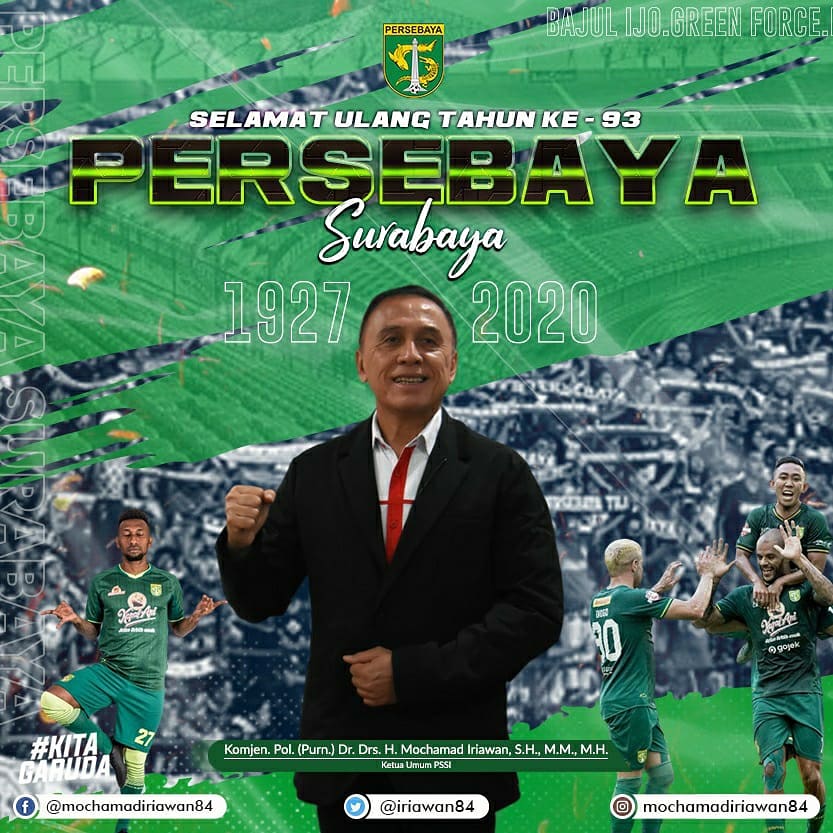 IriawanIwanBule's tweet photo. Selamat ulang tahun yang ke 93 Persebaya Surabaya (Bajul Ijo) @persebayaupdate
.
#MochamadIriawan
#IwanBule
#KitaGaruda
#GarudaSatu
#PSSIJaya
#SelamatUlangTahunPersebayaSurabaya https://t.co/kDliFwituE