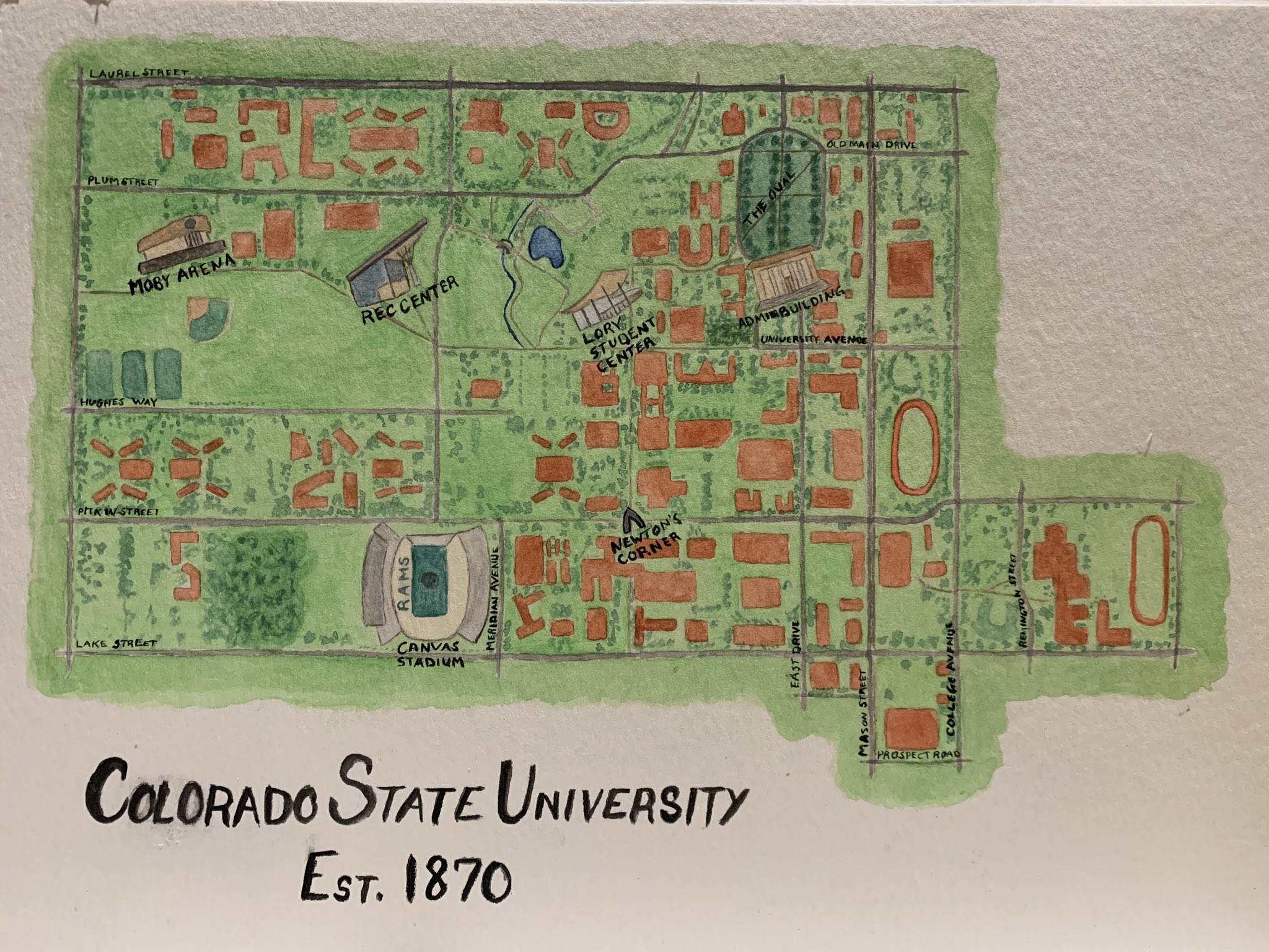 Colorado State University Map Colorado State University On Twitter: "A New Quarantine Hobby + Missing  Campus = #Coloradostate Watercolor Map 💚💛 🎨 By @Michagb  Https://T.co/Ig8Ladczbw" / Twitter