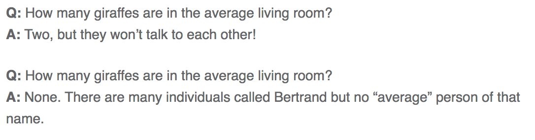 The AI's trained on text, not on reality.Given how rarely people remark on the lack of giraffes in their living rooms, it's weird but not entirely surprising that the AI doesn't often answer "zero" to "How many giraffes are in the average living room?"