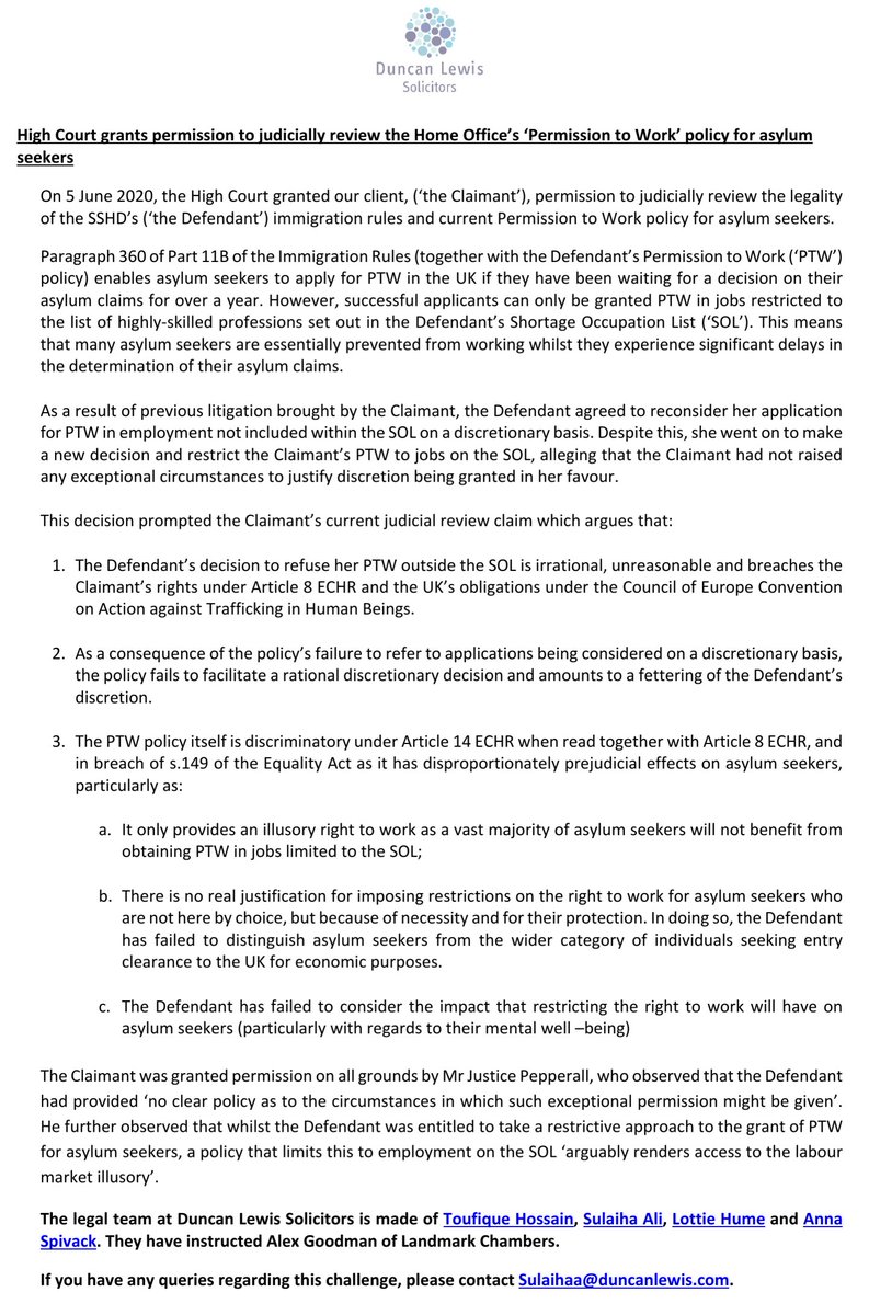 DLPublicLaw's tweet photo. NEWS: We’ve been granted permission to judicially review the #government rules and current Permission to Work policy for #asylum seekers.

#RefugeesWelcome
#RefugeeWeek2020 https://t.co/palEx75aI5