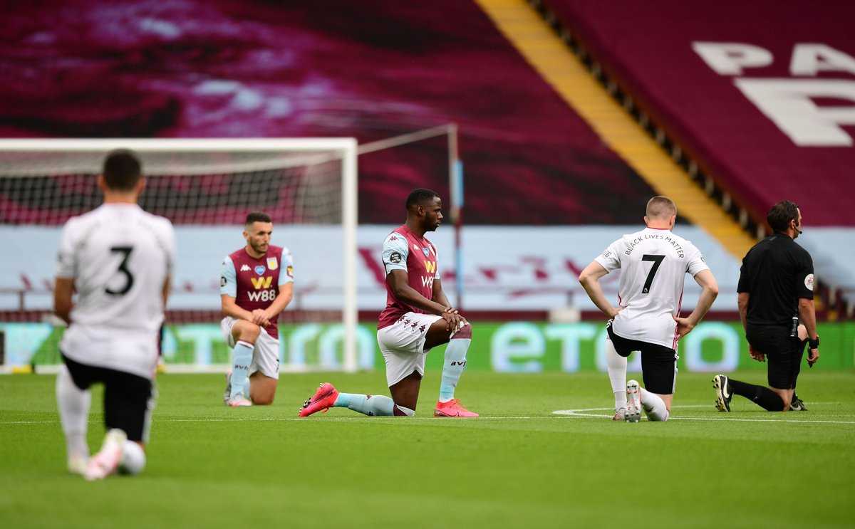FOXSoccer's tweet photo. Aston Villa and Sheffield United kicked off the first game of the Premier League restart by taking a knee. https://t.co/1PVg8cC9yc