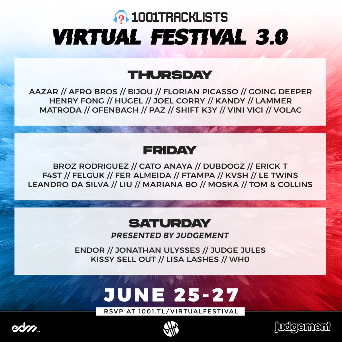 Announcing… 1001Tracklists Virtual Festival 3.0
 
🌎 Uniting for a third &amp; final time
📅 Join us June 25-27  
👇 Tag your friends &amp; get ready to dance!

RSVP: 1001.tl/virtualfestival