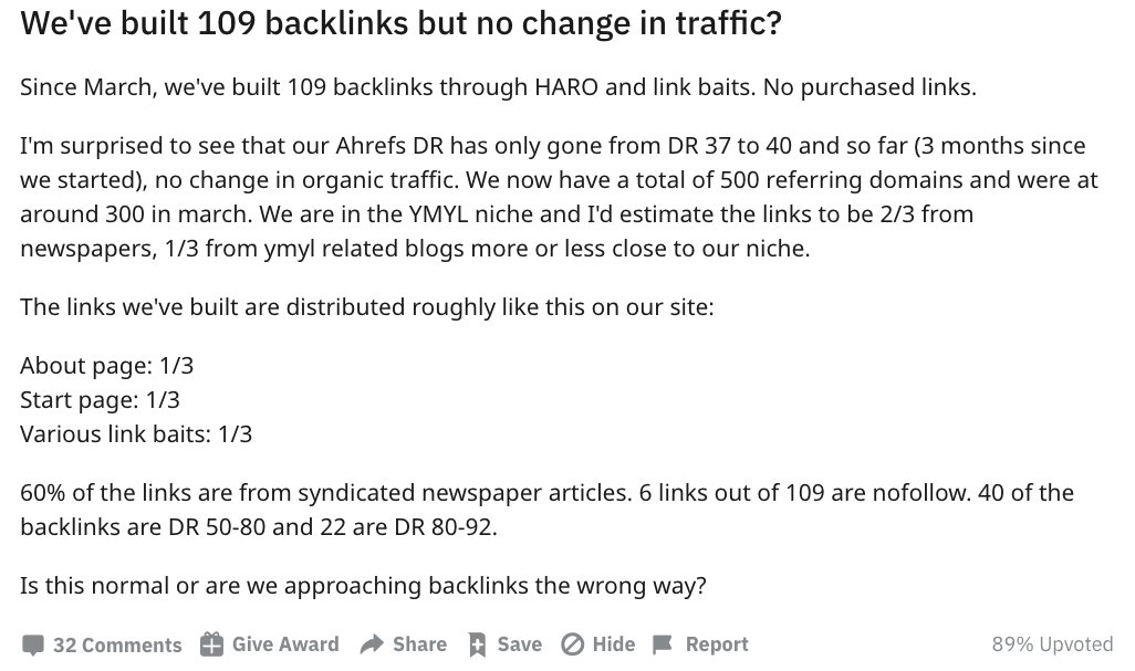 Interesting thread on Reddit. They've built 109 backlinks via newspaper syndication and other means and have seen absolutely no uplift. 

reddit.com/r/bigseo/comme…