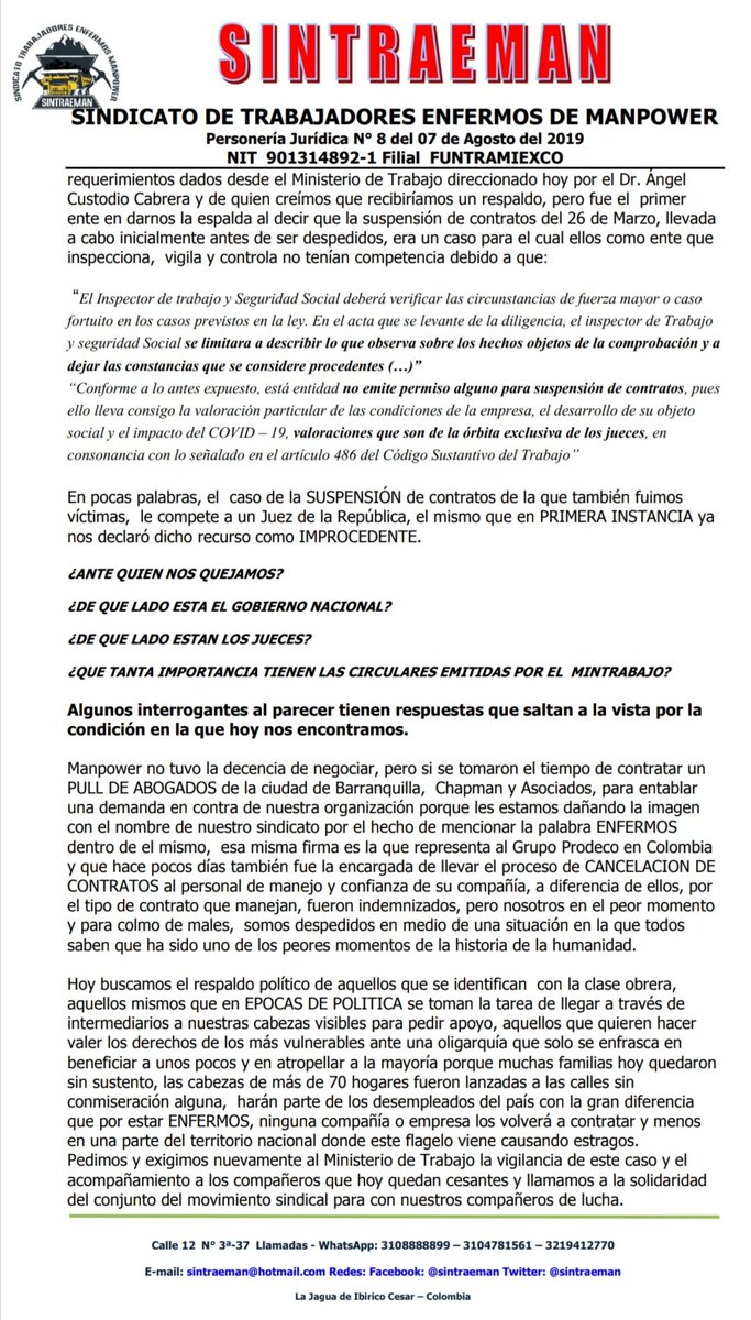 sintraeman's tweet photo. #Rechazamos  #MasacreLaboral de @ManpowerGroupCO a los trabajadores enfermos #Sindicalizados. Más de 75 empleados víctimas de #DespidoMasivo @MintrabajoCol Vigilar!
@ChichiQuinteroR @DidierLobo_Ch @luismonsalvo @apecuello @AidaAvellaE @AlexLopezMaya  @CJoseMoreno @IvanCepedaCast https://t.co/nWTrb2YqHH