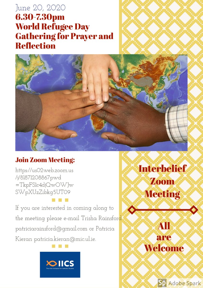 Irish Institute for Catholic Studies (@_iics_) on Twitter photo This Saturday, June 20th is #WorldRefugeeDay. Please join us at an interbelief Zoom meeting from 6:30-7:30 pm Dublin for prayer and reflection. All are welcome - see the poster for more details <a href="/KieranPatricia/">Patricia.kieran</a> #WithRefugees This Saturday, June 20th is #WorldRefugeeDay. Please join us at an interbelief Zoom meeting from 6:30-7:30 pm Dublin for prayer and reflection. All are welcome - see the poster for more details <a href="/KieranPatricia/">Patricia.kieran</a> #WithRefugees
