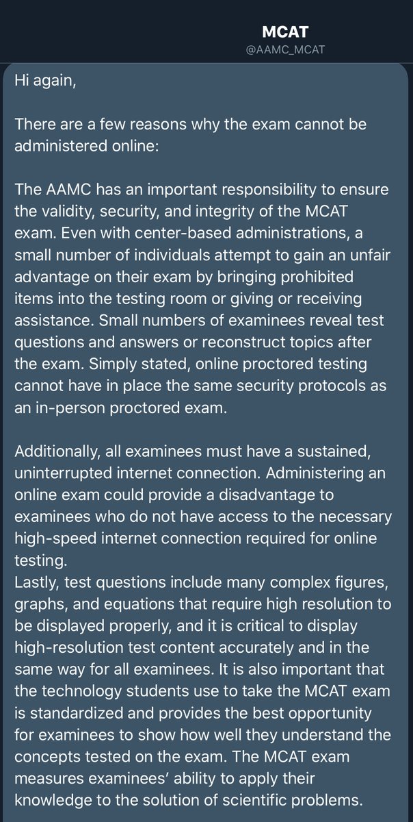 After many days, AAMC wrote me the below message explaining why they feel they couldn't have an online MCAT. I'll explain why this is insufficient in a moment. 43/