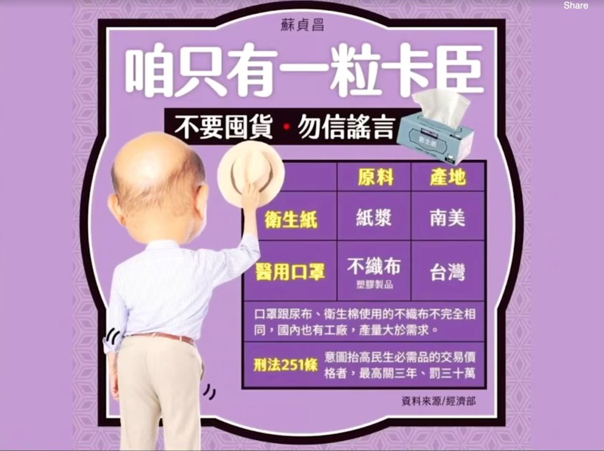 here is a meme ft. the Premier of Taiwan, Su Tseng-chang, with his butt jiggling to encourage people not to panic-buy toilet paper (main title says "we only have one butt")