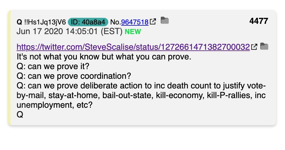 22.  #QAnon Scalise investigates Democrat governors of NY, NJ, CA, PA, and MI reckless endangerment of those who died of the  #CCPVirus in nursing homes.  https://twitter.com/SteveScalise/status/1272661471382700032 Can we prove deliberate coordinated action to increase the deaths? Murder.  #Q