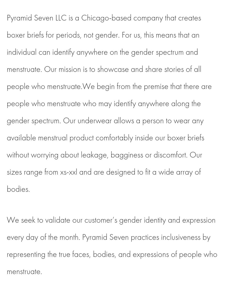 Pyramid Seven is a Chicago-based brand focused on leakproof, gender-affirming boxer briefs for periods. Currently sold out, but you can subscribe for updates on them!!  https://www.pyramidseven.com/ 