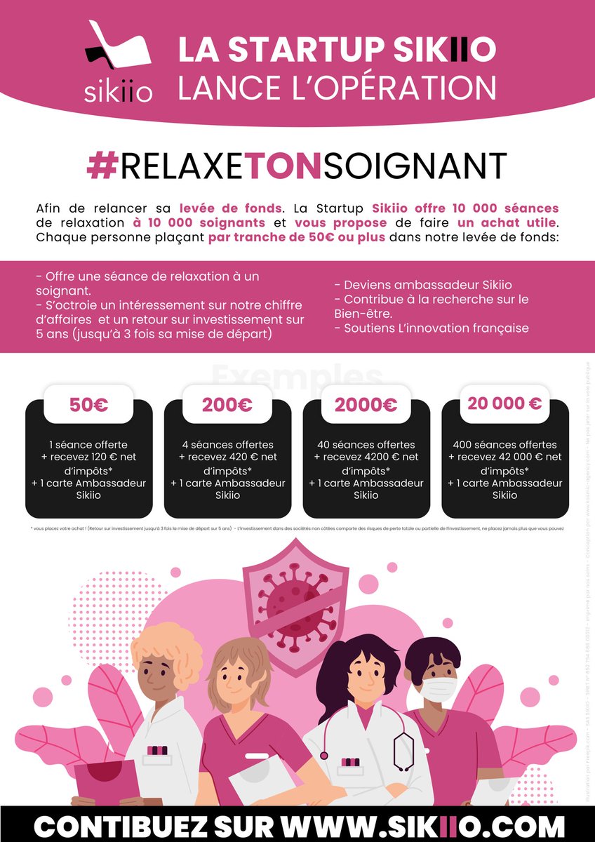 Siko98545382's tweet photo. Après les avoir applaudis 
« Relaxez-les »
Afin de relancer sa levée de fonds. La startup Sikiio lance l’opération :
      #RELAXETONSOIGNANT 
Depuis plusieurs semaines, Sikiio s’est rendue de structure en structure hospitalière avec ses deux Sikiio mobiles pour les soignants. https://t.co/bIL9JaVT8Q