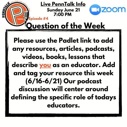 MrPenn31's tweet photo. #PennTalk Episode 4 @padlet is open!

What is the role of an educator today in 2020?

Digital/covid learning could be the biggest shift in public schools since integration. What resources will be imperative?
Help us build a collection of resources https://t.co/0n9d3bux8G https://t.co/7BolhFQJlp