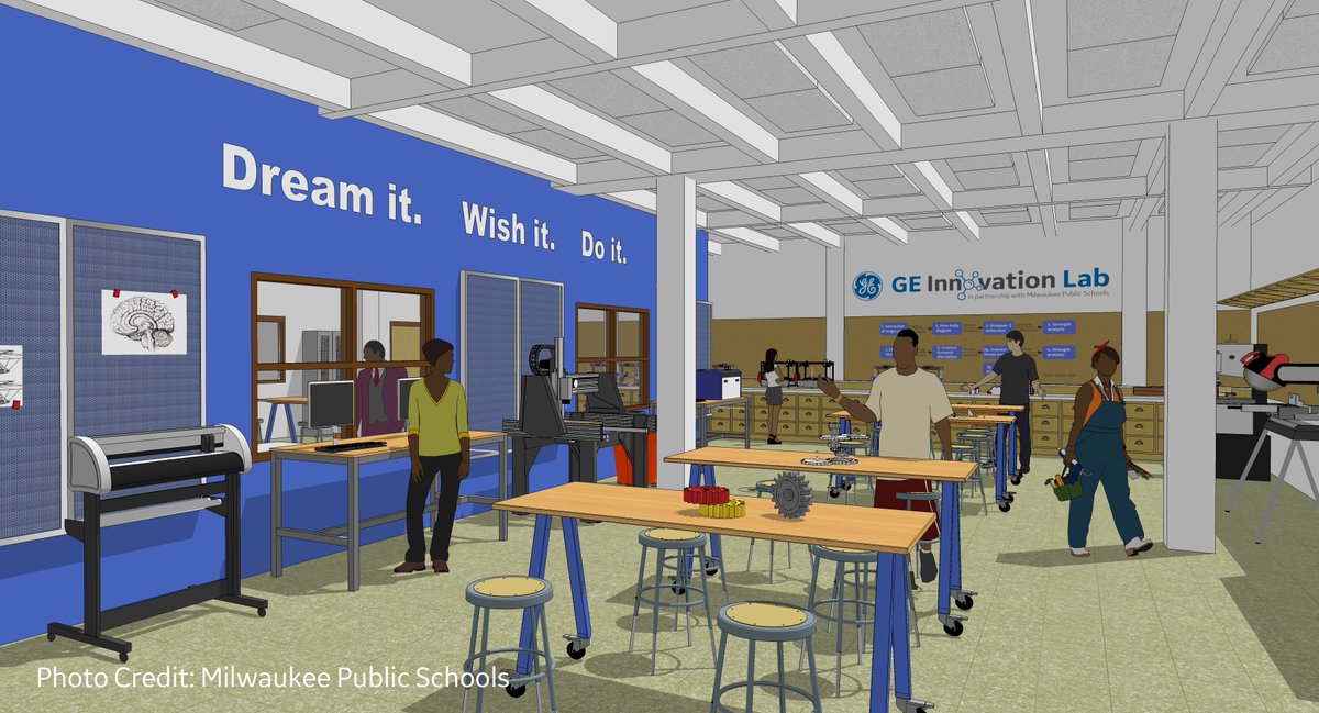 GE_Foundation's tweet photo. #STEM education prepares students for jobs of tomorrow. We’ve partnered with @MilwaukeeMPS since 2011 to help fund STEM education, and now we’re excited to create 6 GE Innovation Labs to help #Milwaukee students develop STEM problem solving skills. More: https://t.co/a7m9MpnqOR https://t.co/r4Cm3SR8FJ