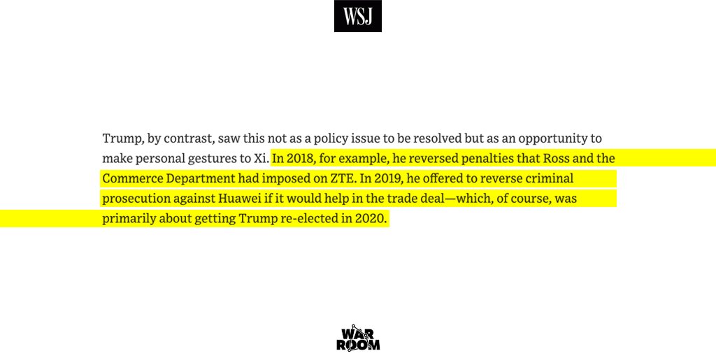 Exhibit B: Trump risked our national security to grant personal favors to Xi by reversing sanctions on Chinese companies put in place for selling tech to Iran and North Korea.Sure sounds like China first to us.