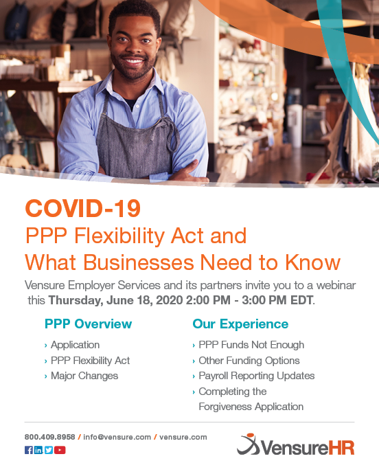 HumanCapitalPEO's tweet photo. Join Human Capital, @VensureHR, and our PEO Partners tomorrow (6/18) as we host a free webinar covering the #PPP Flexibility Act and other important changes that will help your business in this constantly changing environment. 

Save your spot here: https://t.co/0KQj6D8jkb https://t.co/PtniN43dkq