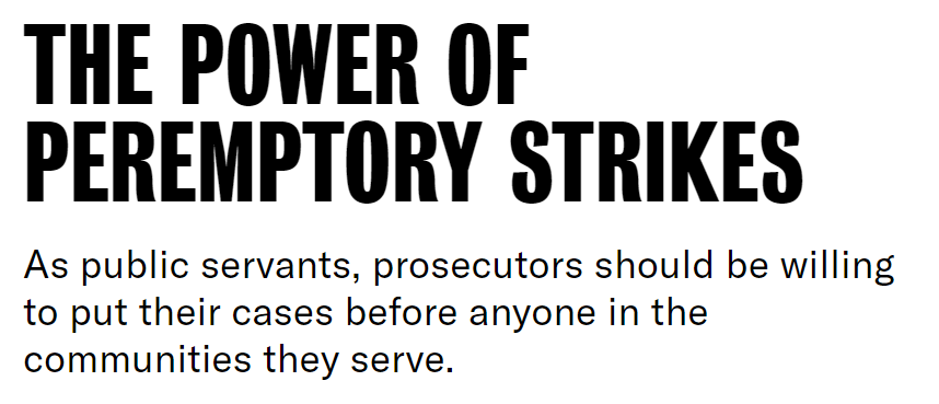 PROBLEM PROSECUTOR Prosecutors use Peremptory Challenges to remove all black jurors from jury venire. Rule of Law feeble in its response. Abolish Peremptory Challenges for ProsecutorsSee https://www.vox.com/videos/2018/10/12/17968090/how-racism-shapes-jury-selection and see https://theappeal.org/the-power-of-peremptory-strikes/