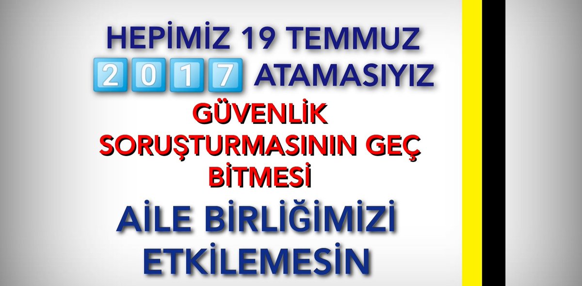 <a href="/_aliyalcin_/">Ali YALÇIN</a> Öğretmenlerin aile bütünlüğü hiç bir dönem bu kadar bozulmamıştı.

Temmuz2017’de atanıp güvenlik soruşturması gerekçesiyle geç göreve başlatıldılar.3yıldır ailelerinden ayrı çalışıyorlar. <a href="/tcmeb/">Millî Eğitim Bakanlığı</a> bu mağdur öğretmenlere üçüncü bir fatura çıkarmamalıdır.
Meb2017 MüjdeBekliyor