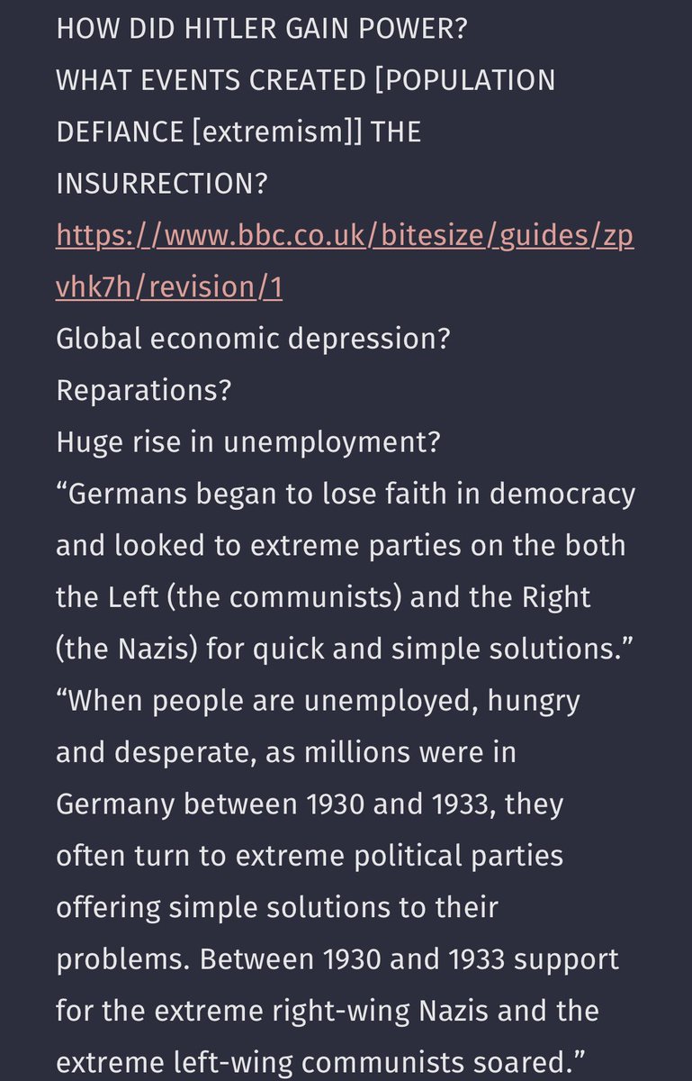 4476- https://www.bbc.co.uk/bitesize/guides/zpvhk7h/revision/1Global economic depression?Reparations?Huge rise in unemployment?“Germans began to lose faith in democracy and looked to extreme parties on the both the Left (the communists) and the Right (the Nazis) for quick and simple solutions.”