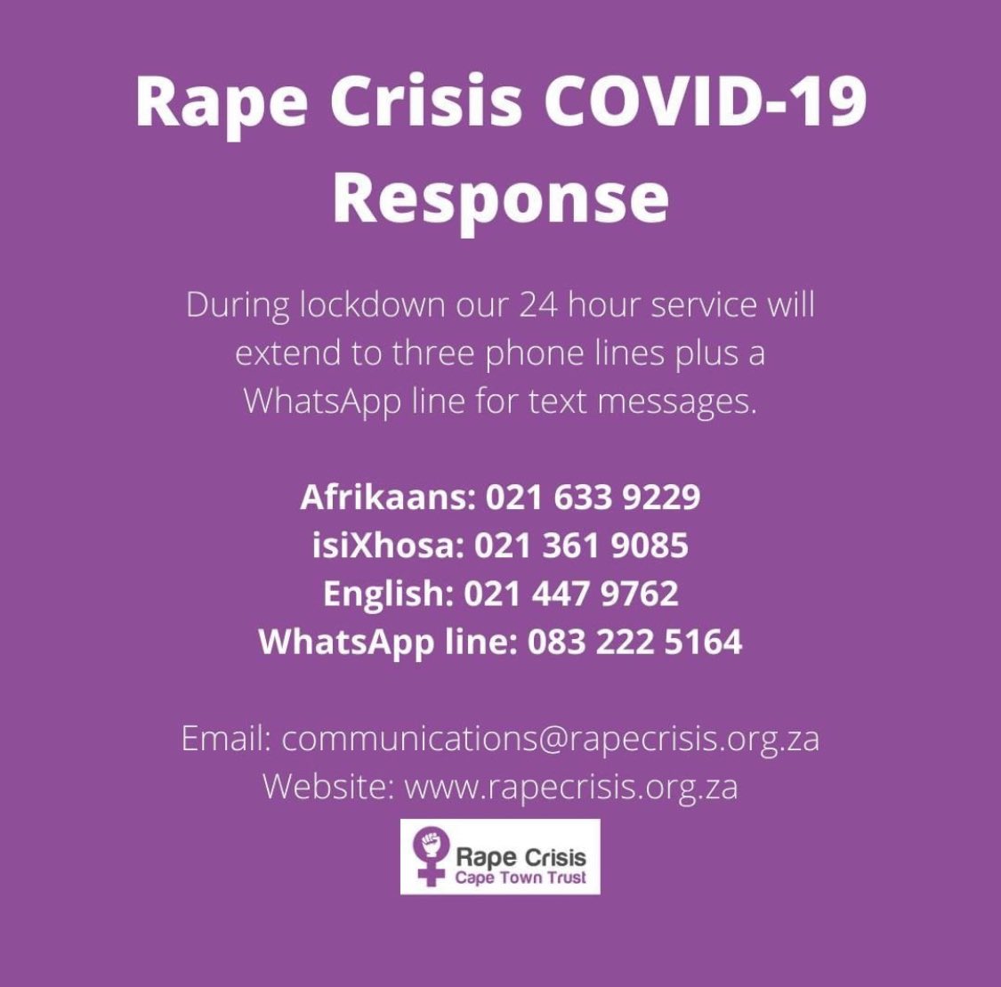 Not sure when the government’s new policies will come into play to protect women &amp; battle Gender Based Violence, but if you need help then <a href="/RapeCrisis/">Rape Crisis Cape Town</a> has 24hr crisis lines, WhatsApp support and a team of incredible people ready to assist. #COVID19 #GBV #Covid19SA