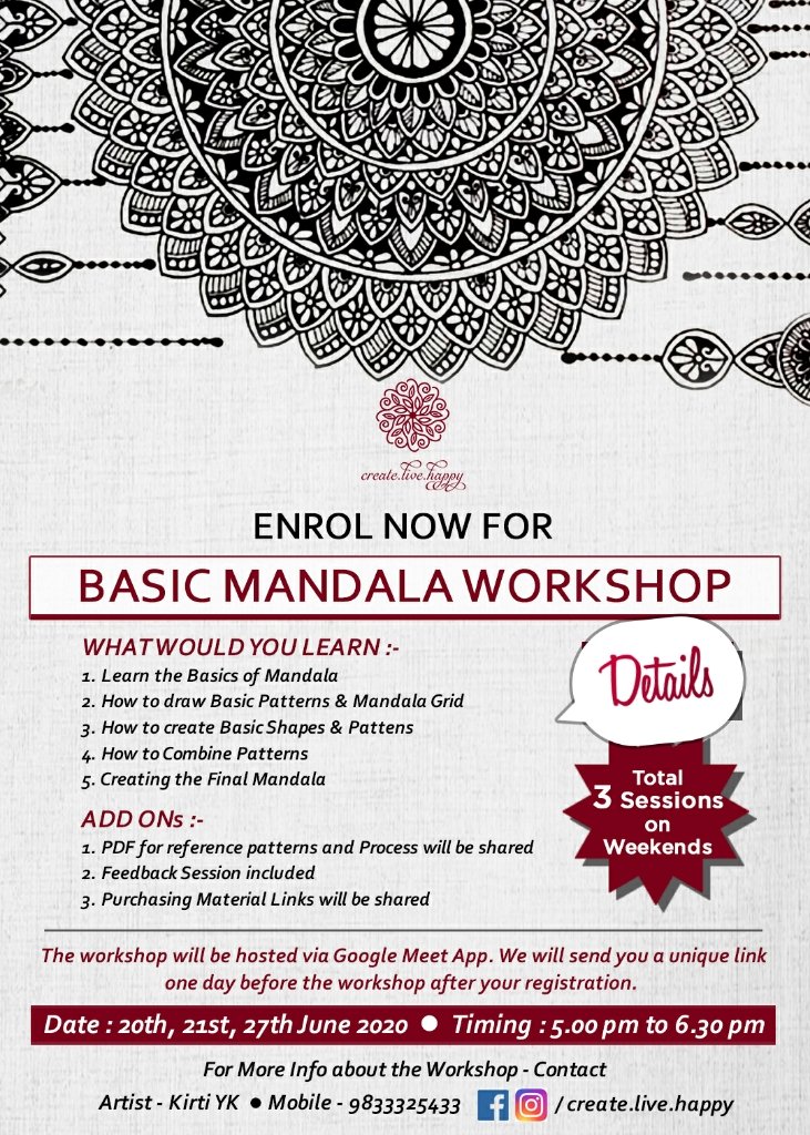 Createlivehapp1's tweet photo. #mandala #mandalalovers #kirtiart #mandalaworkshop #workshop #weekendworkshop #Registernow #workshopregistration #meditative #therapeutic #relaxation #stressrelief #learning #learnmandala https://t.co/5GyF7fnvUB
