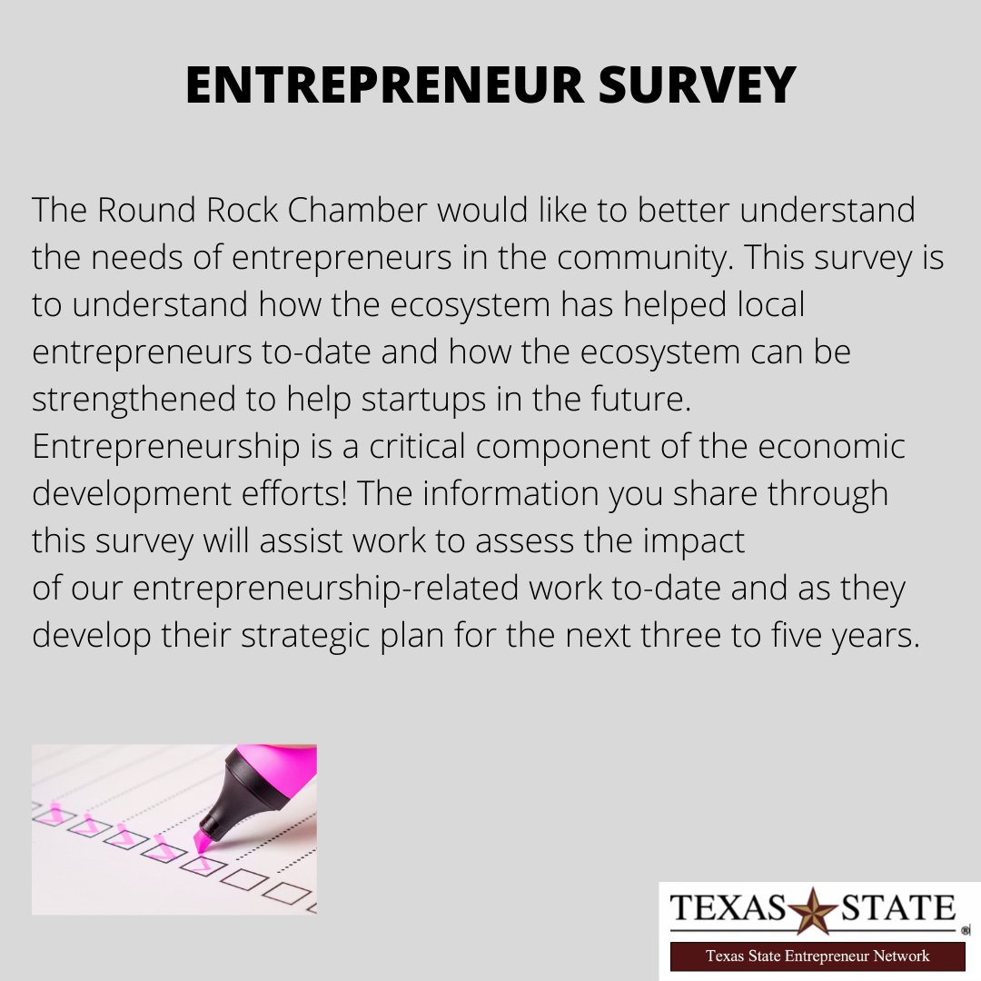aspire2bu's tweet photo. The Round Rock Chamber would like to better understand the needs of entrepreneurs in our community. Please complete this survey which should take no more than fifteen minutes of your time.
https://t.co/aOWQHFDuxs https://t.co/OYENIoyJwP
