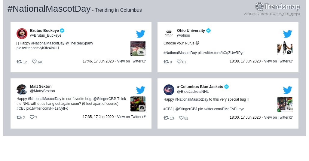 TrendsColumbus's tweet photo. #nationalmascotday is now trending in #Columbus

https://t.co/e86ASKvNLd https://t.co/CTw0Po3hUm