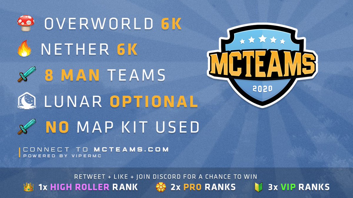 MCTeams_'s tweet image. MCTEAMS LITE MAP DETAILS 🍄 

🔁 + ❤️ + mcteams.com/discord 🎉 

Follow the steps for a chance to win one of SIX ranks for Map 5.5!
  👑 x1 HIGHROLLER RANK
  🏵️ x2 PRO RANK
  🔰 x3 VIP RANK

 SOTW is Saturday at 3:00 PM EST!