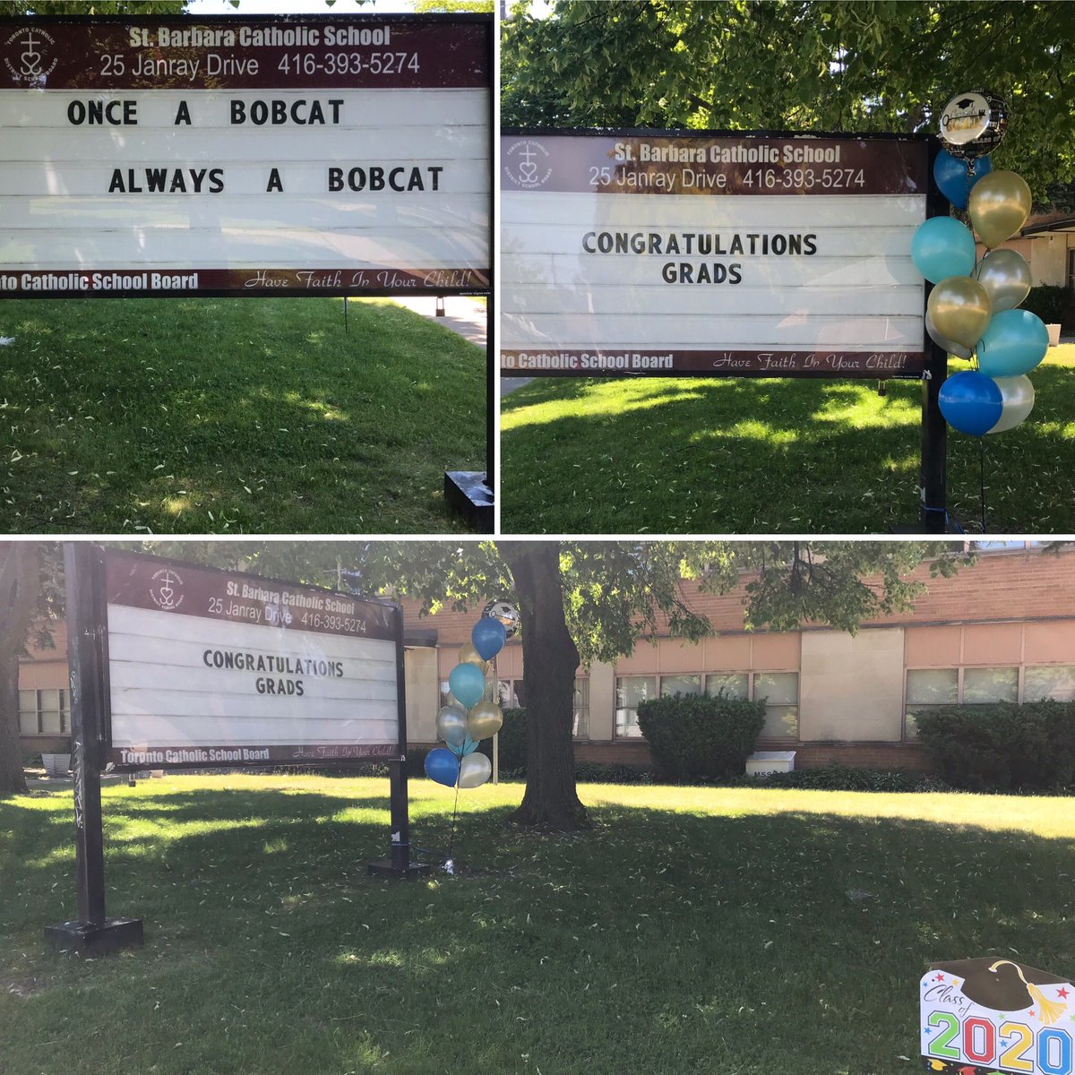 stbarbara_tcdsb's tweet photo. Sending off our grade 8 grads the best way we can in the middle of a pandemic! Make sure to take lots of pictures with your family before the end of the school year! #tcdsb @TCDSB @Mrs_S_Cilia #grade8grad https://t.co/OvIyVE77hq