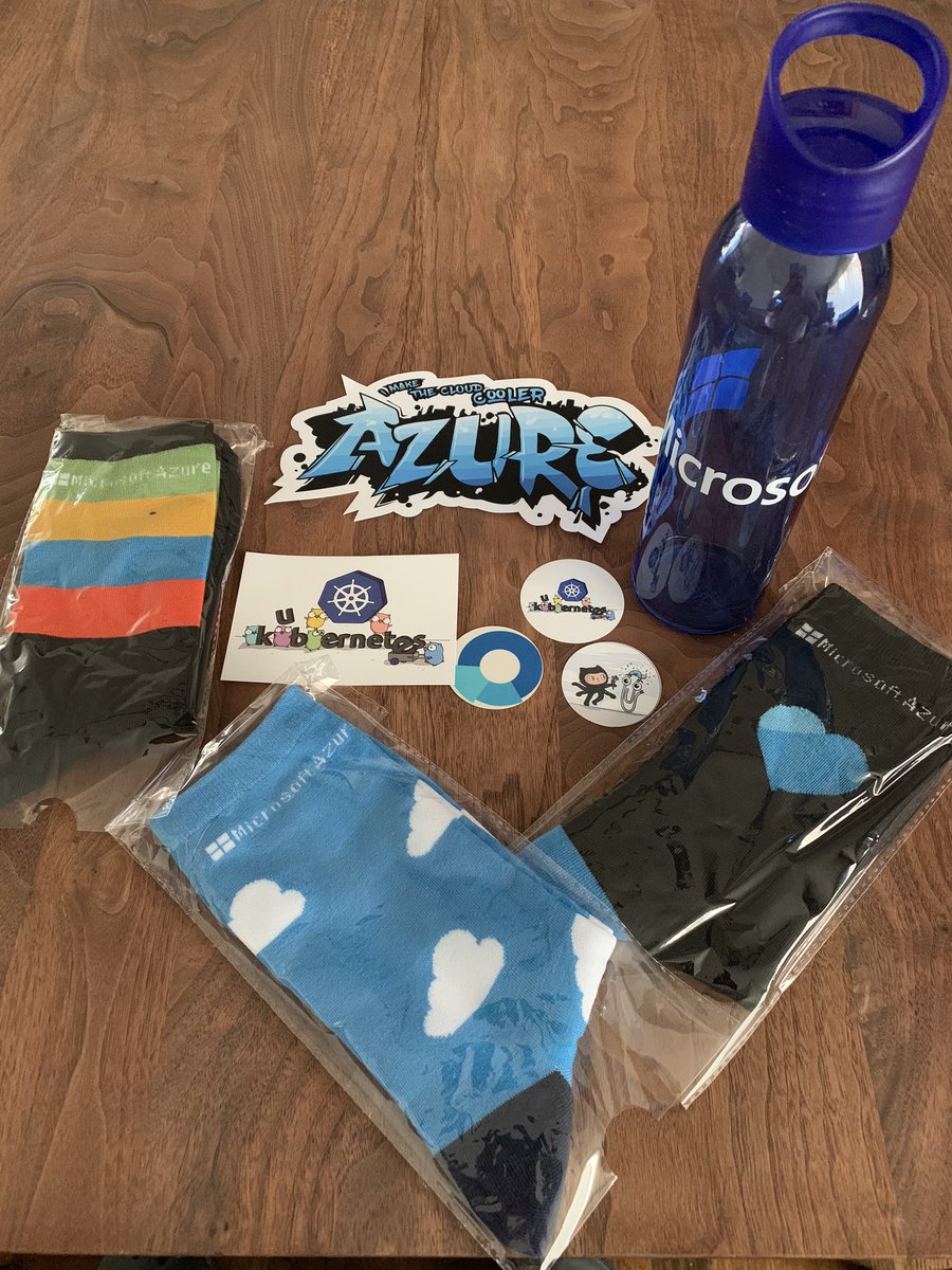 TKarafilov's tweet photo. The SWAG that I won during the #wedevcommunity arrived today. Stickers, socks and a nice water bottle! Thank you very much! #MSBuild #Microsoft #Azure #Socks https://t.co/dUYvg3tP9z