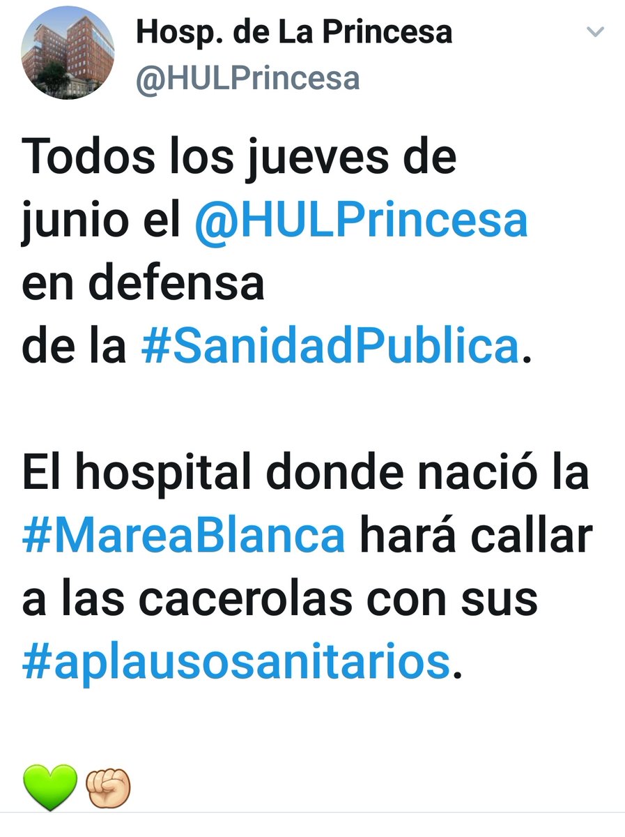 El 18-J ,como todos los jueves de junio, cruzaremos la frontera norte del distrito de #Retiro , hasta "La Princesa"
<a href="/HULPrincesa/">Hosp. de La Princesa</a> en defensa 
de la #SanidadPublica 

En este hospital nació la #MareaBlanca 

Si se callan los #aplausosanitarios
se oyen sus cacerolas.

@PUPAPrincesa